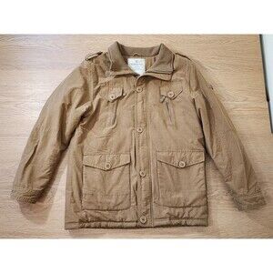 Vedoneire Mens Large Jacket Khaki Flannel Lined With Brown Trim pockets Zip